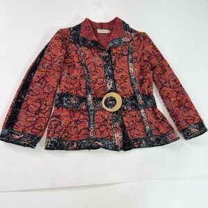 Canvasbacks Jacket Womens Medium Red Textured Belted Long Sleeve Blazer Artsy